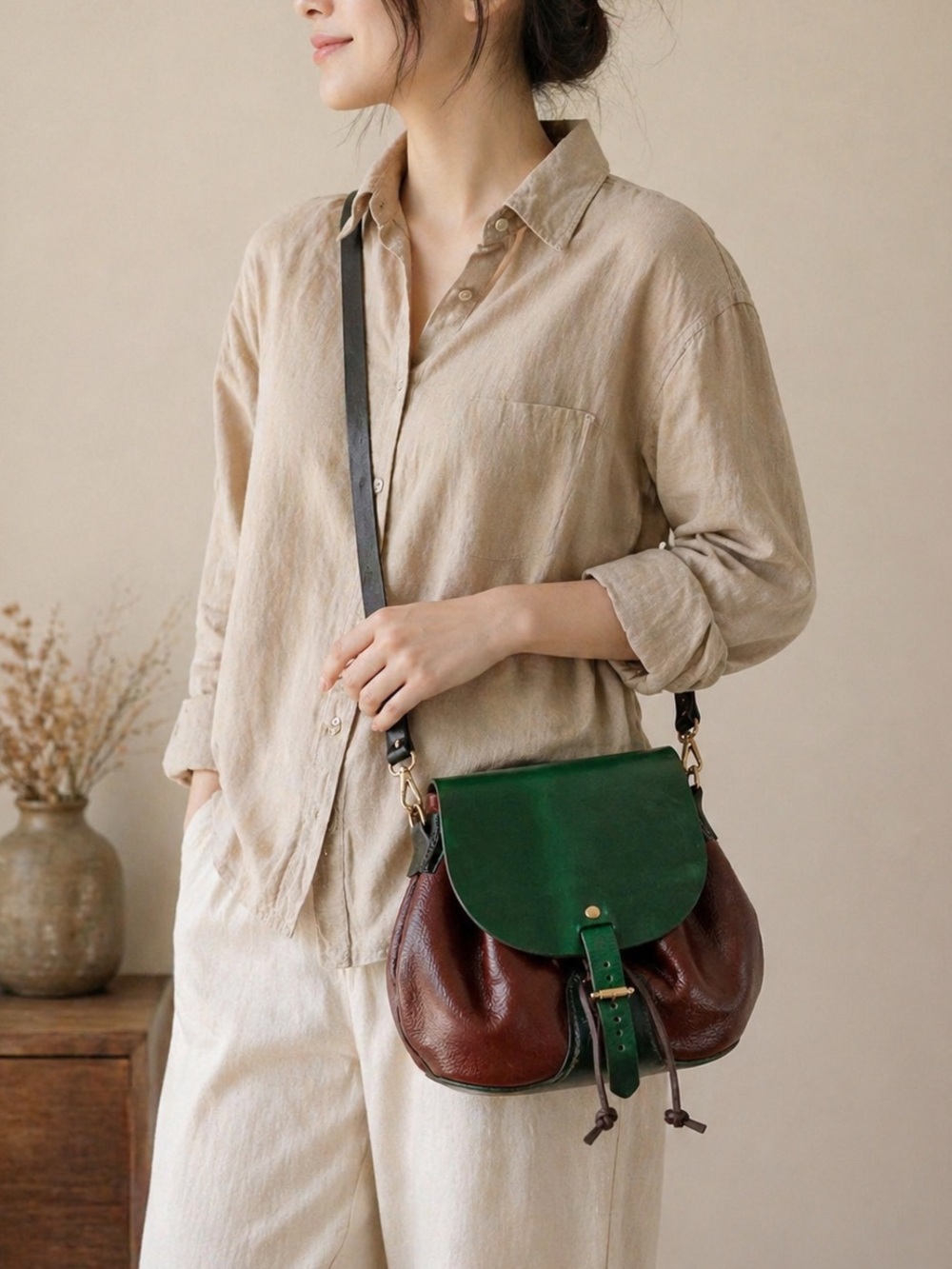 Green and Brown Leather Crossbody Saddle Bag with Adjustable Strap
